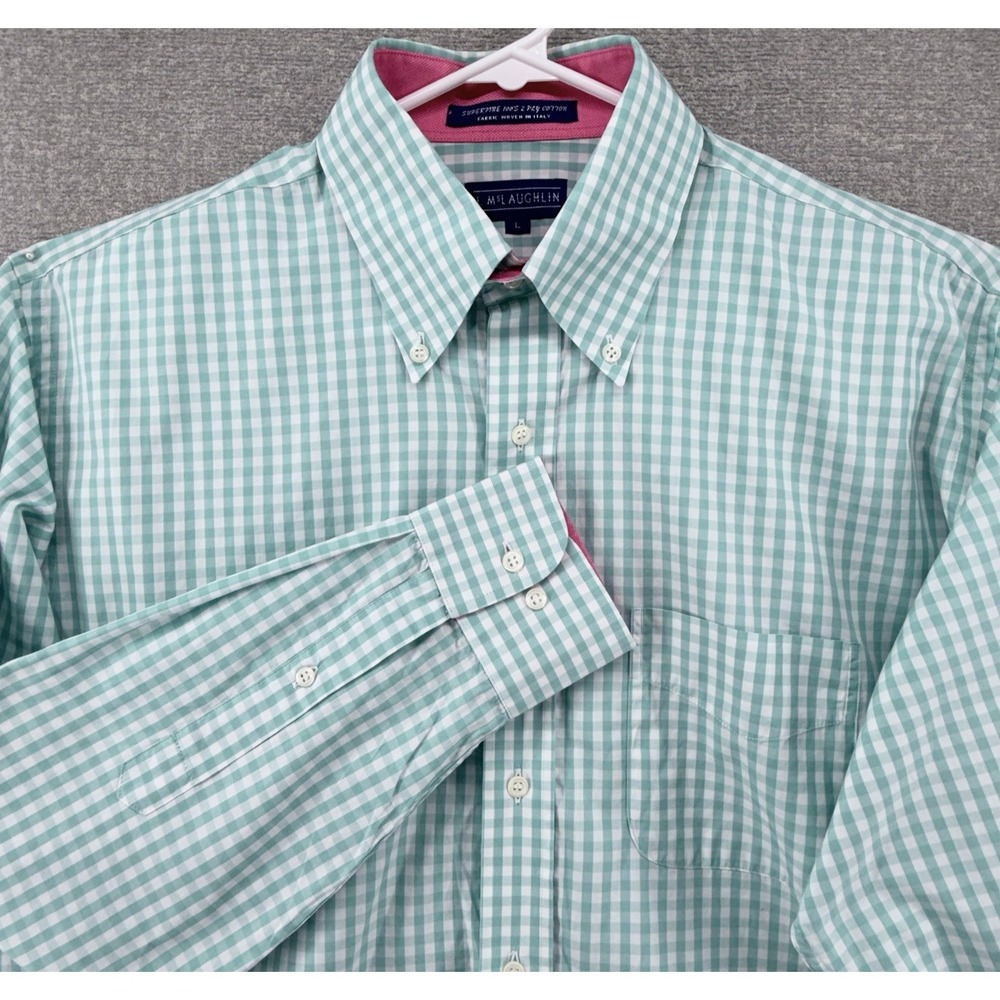 J McLaughlin Dress Shirt Men Size Large Check Green Long Sleeve Button Up